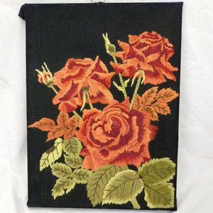 Vintage Handmade Crewel Art Orange Roses Black Background 12x16